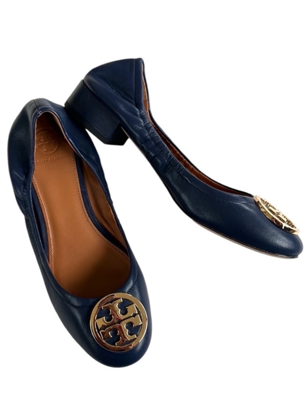EUC Tory Burch Leather Low Heels Blue Size 6 1/2